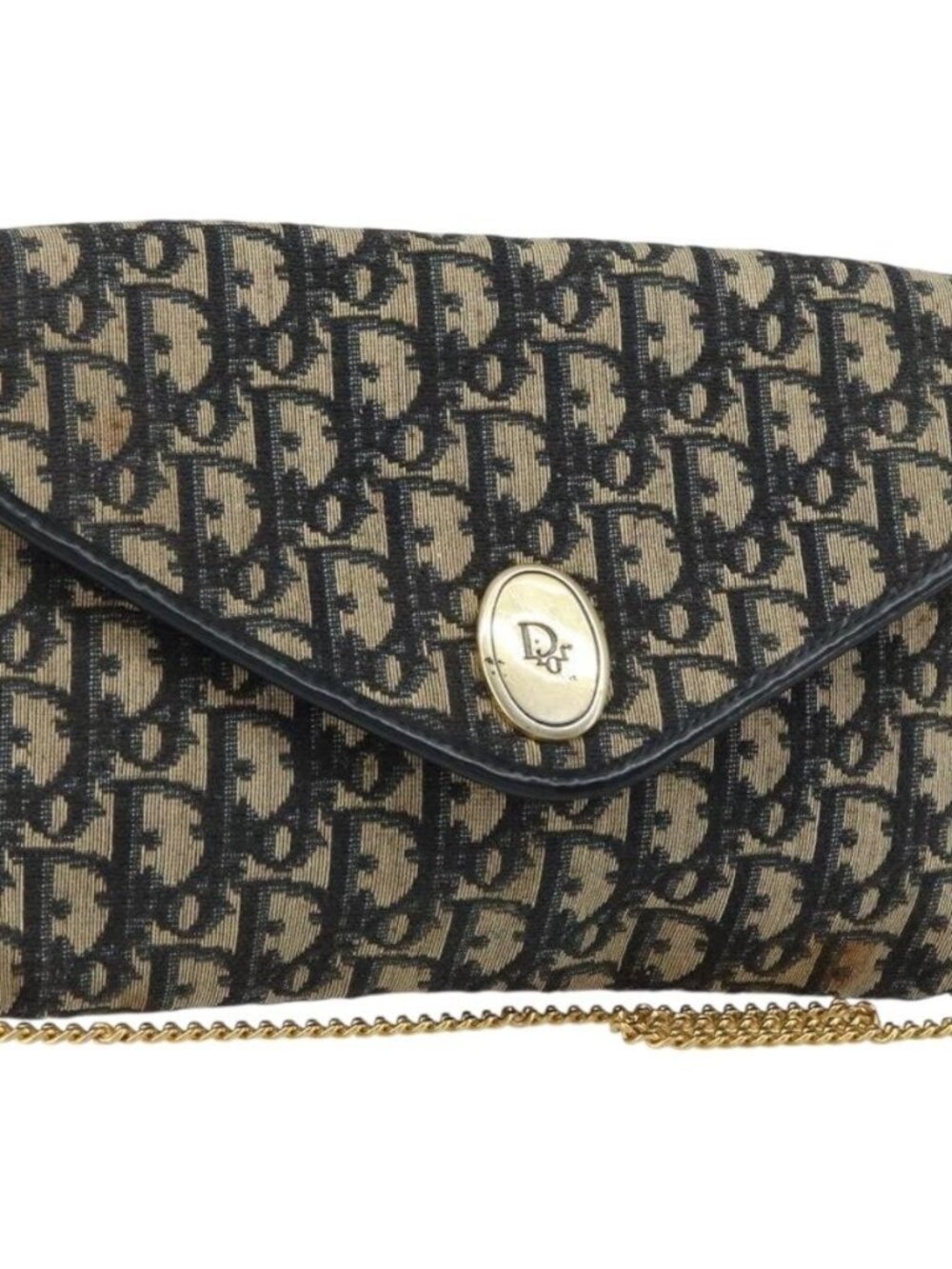 Christian Dior Trotter Canvas Chain Shoulder Bag Navy Gold Auth bs31375